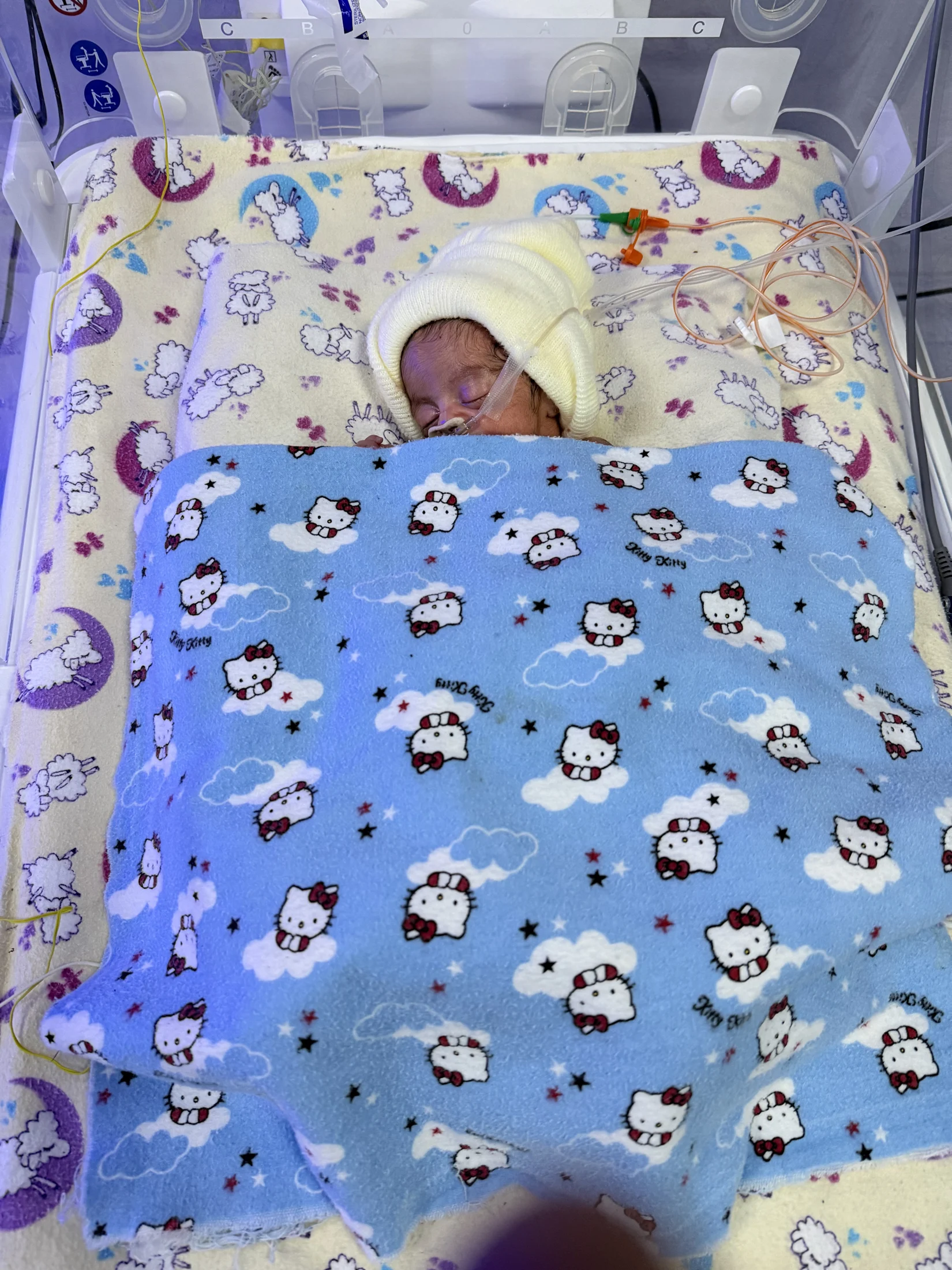 A newborn resting beneath a patterned blanket